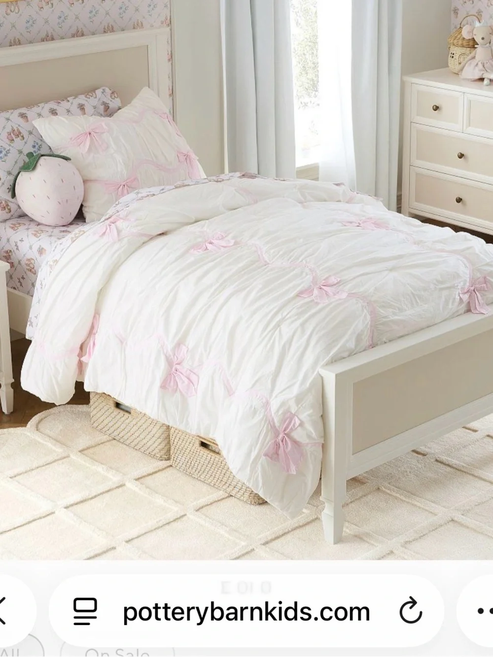 Pottery Barn Kids White comforter with Pink Stripe Ribbon Bows